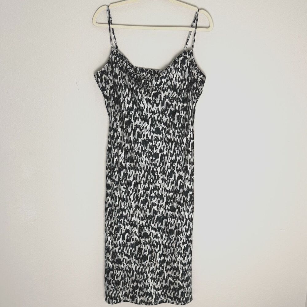 Express Satin Women L Midi Slip Dress Black Grey Metallic Cowl Neck Side Slits